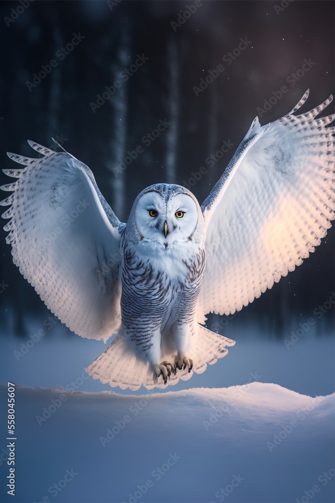 Poster a snowy owl is flying in the air with its wings spread out and eyes wide open, in front of a dark ba
