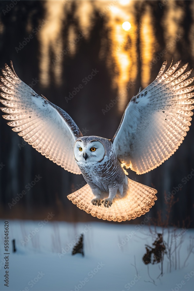 Poster an owl is flying in the air with its wings spread out in front of the camera in a snowy area with tr