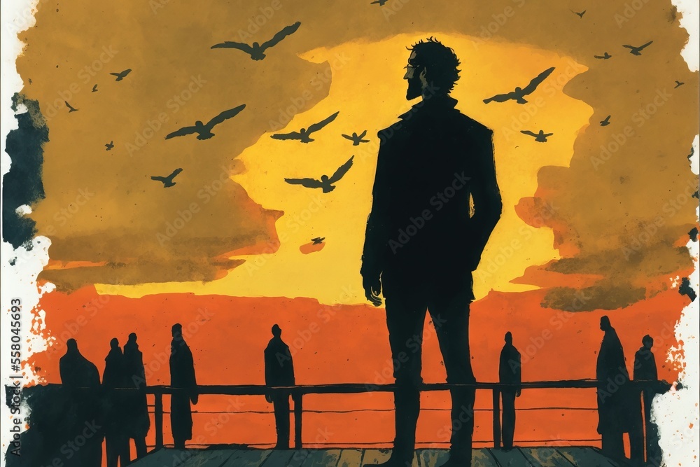Poster a painting of a man standing on a dock with birds flying over him and a sunset in the background wit