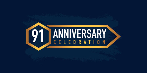 91 years anniversary celebration logotype colored with gold color and isolated on blue background.
