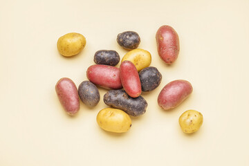 Heap of different raw potatoes on color background