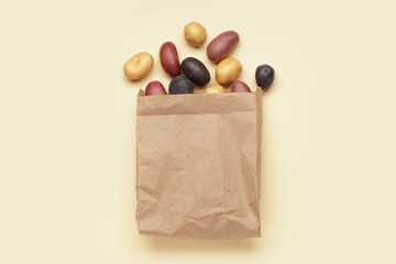 Paper bag with different raw potatoes on color background