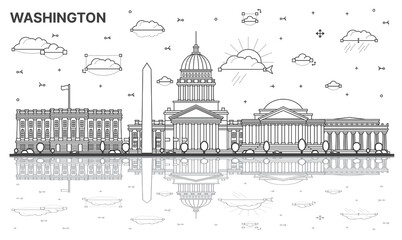 Outline Washington DC City Skyline with Historic Buildings and Reflections Isolated on White. Vector Illustration.