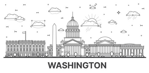 Outline Washington DC City Skyline with Historic Buildings Isolated on White. Vector Illustration.