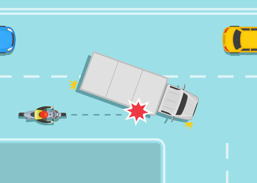 Safe motorcycle riding rules and tips. Right turn truck and motorcycle collision. Changing lane heavy vehicle and moto accident. Top view. Flat vector illustration template.