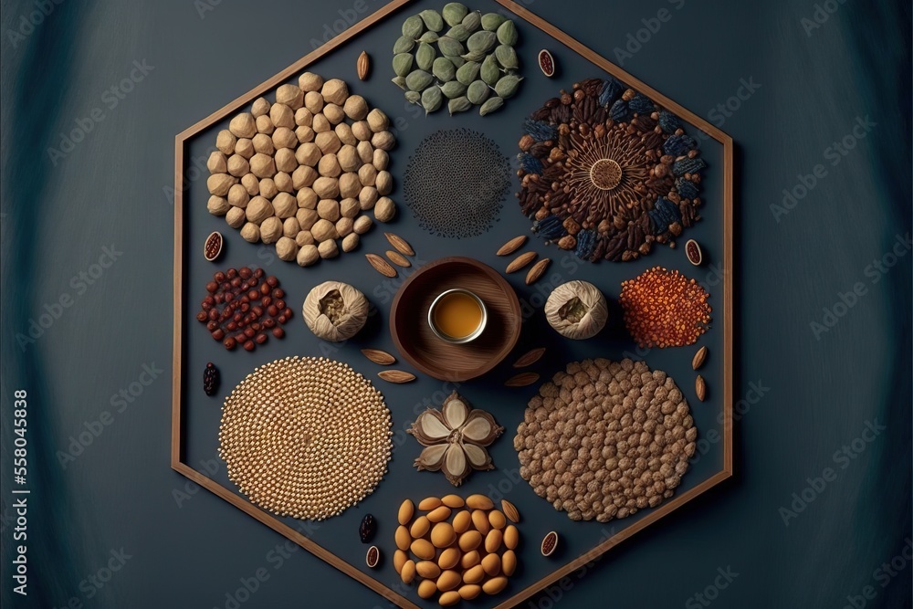 Poster a plate of food with a cup of coffee on it and a plate of nuts and beans on the side of it, all arra