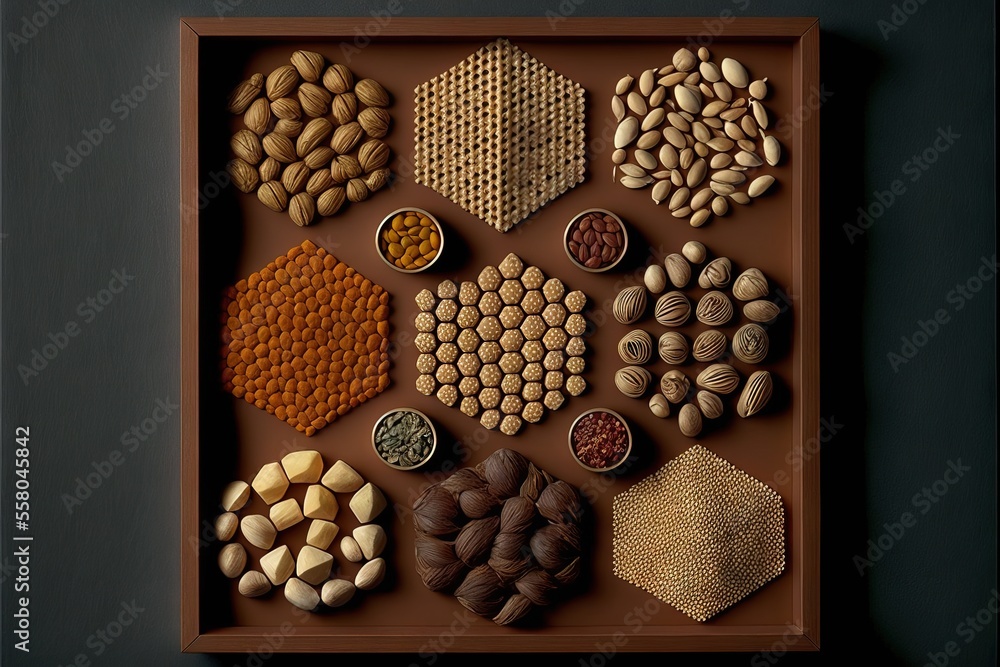 Aufkleber a wooden tray with nuts and seeds in it on a table next to a black wall and a black wall behind it i