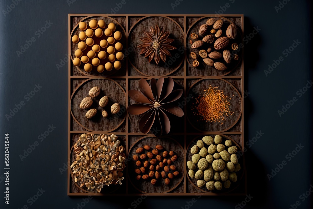 Poster a chocolate tray with nuts and seeds arranged in a square pattern on a dark wall, with a dark backgr