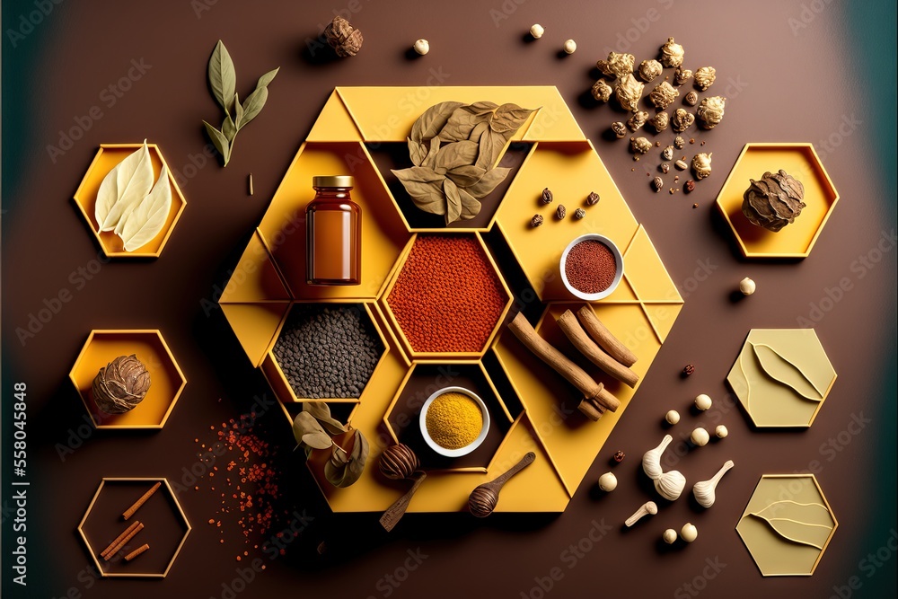 Poster a table topped with different types of spices and spices on top of a brown tablecloth covered in hon