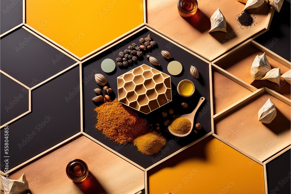 Poster a table with a honeycomb, spices, and other items on top of a hexagonal tile pattern that looks like