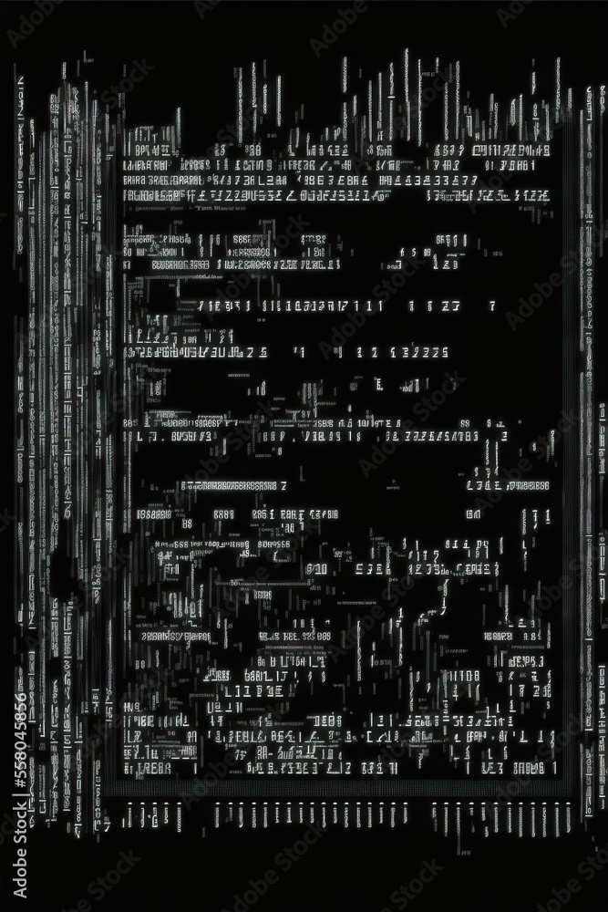 Poster a black and white photo of a computer screen with many lines of text on it, all over the screen, and