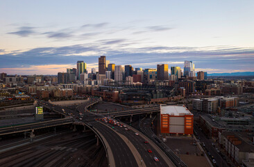 Naklejka na ściany i meble Aerial View of Denver, Colorado at Sunset