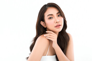 Fototapeta premium Beautiful young asian woman with clean fresh skin on white background, Face care, Facial treatment, Cosmetology, beauty and spa, Asian women portrait.