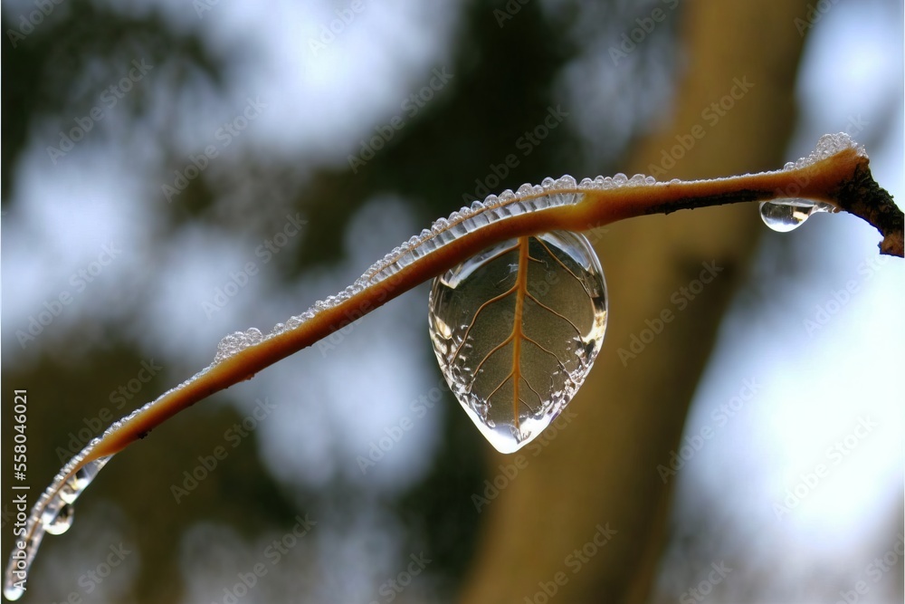 Poster a leaf with water drops hanging from it's end on a branch with a tree in the background of it, with 