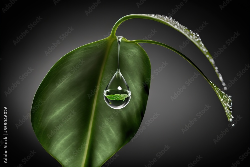 Poster a green leaf with a drop of water hanging from it's center and a black background with a black backg
