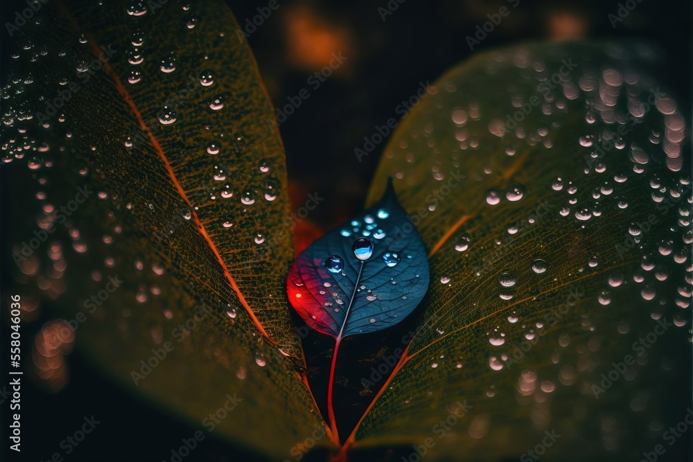 Poster a leaf with water droplets on it and a red light on it's side, with a blue leaf with a red light on 