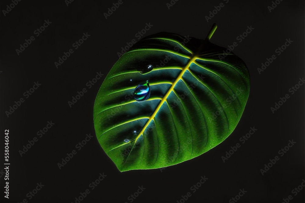 Poster a green leaf with drops of water on it's surface in a dark room with a black background and a black 