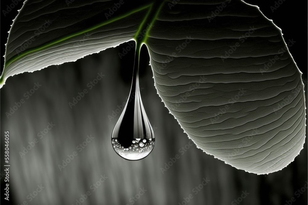 Aufkleber a drop of water hanging from a leaf on a black and white background with a green leaf in the foregro