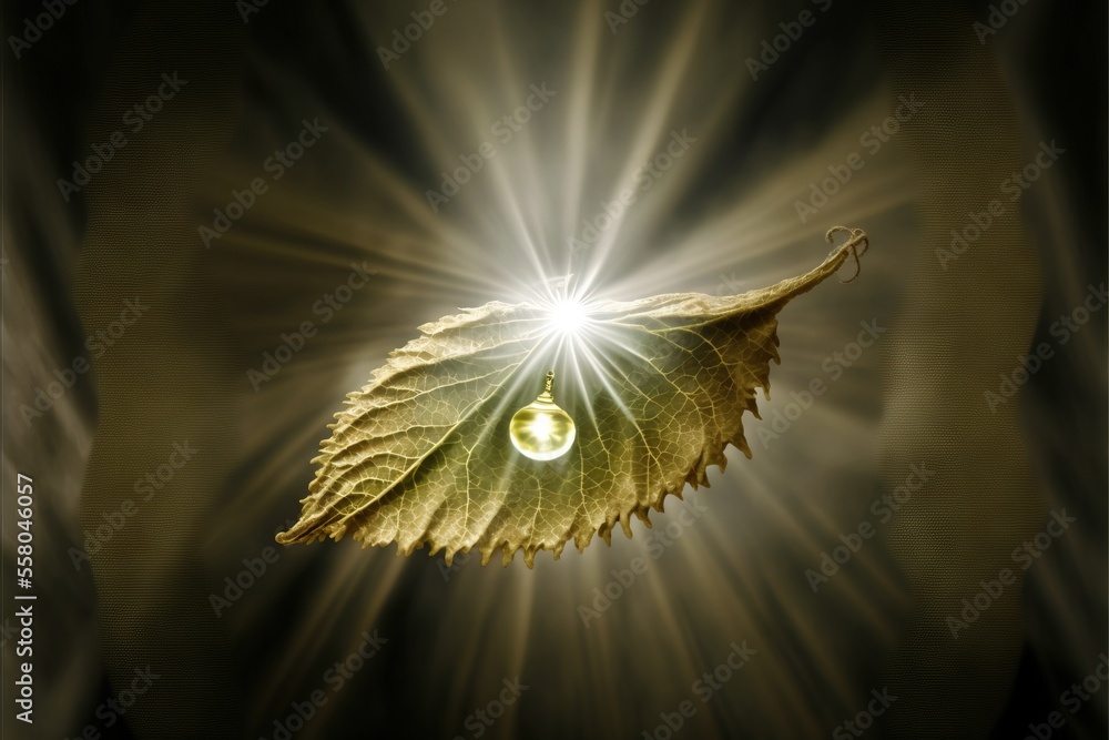 Poster a green leaf with a drop of water on it's end and a light shining on it's back side in the middle of