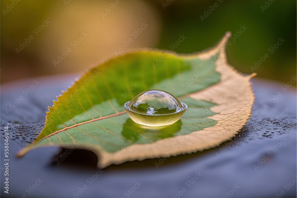 Poster a drop of water sitting on top of a leaf on top of a wooden table next to a leaf with a green leaf o