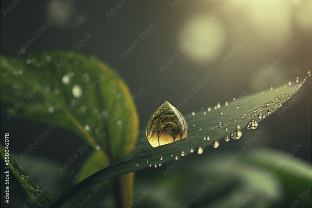 Poster a close up of a leaf with water drops on it and a tree in the background with a sunbeam in the backg