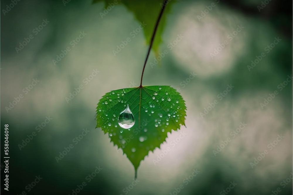 Poster a green leaf with water drops hanging from it's end and a green background with a few other leaves i