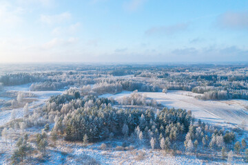 Aerial photo of frozen winter forest, cold winter landscape, aerial photo