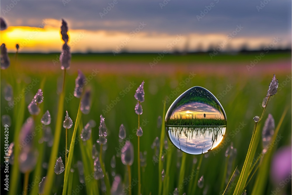 Aufkleber a picture of a field with grass and flowers in the reflection of a drop of water on the surface of t