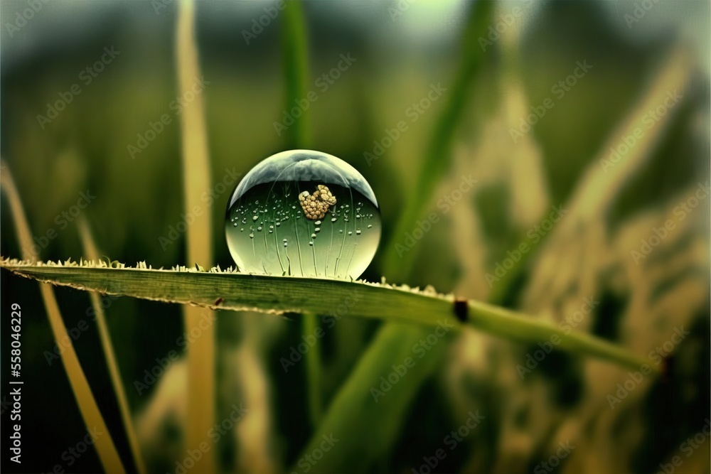 Poster a drop of water sitting on top of a green leaf in a field of tall grass with grass in the background