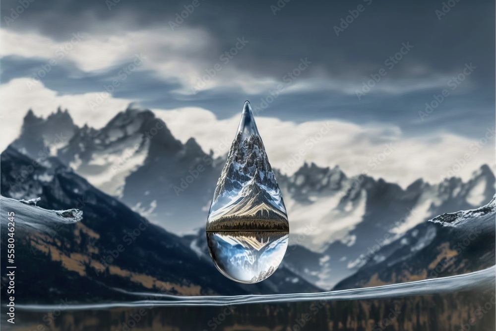 Poster a drop of water sitting in the middle of a mountain range with a reflection of a mountain in the wat