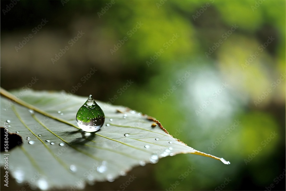 Poster a leaf with water droplets on it's leaf tip and a blurry background of trees and bushes in the backg