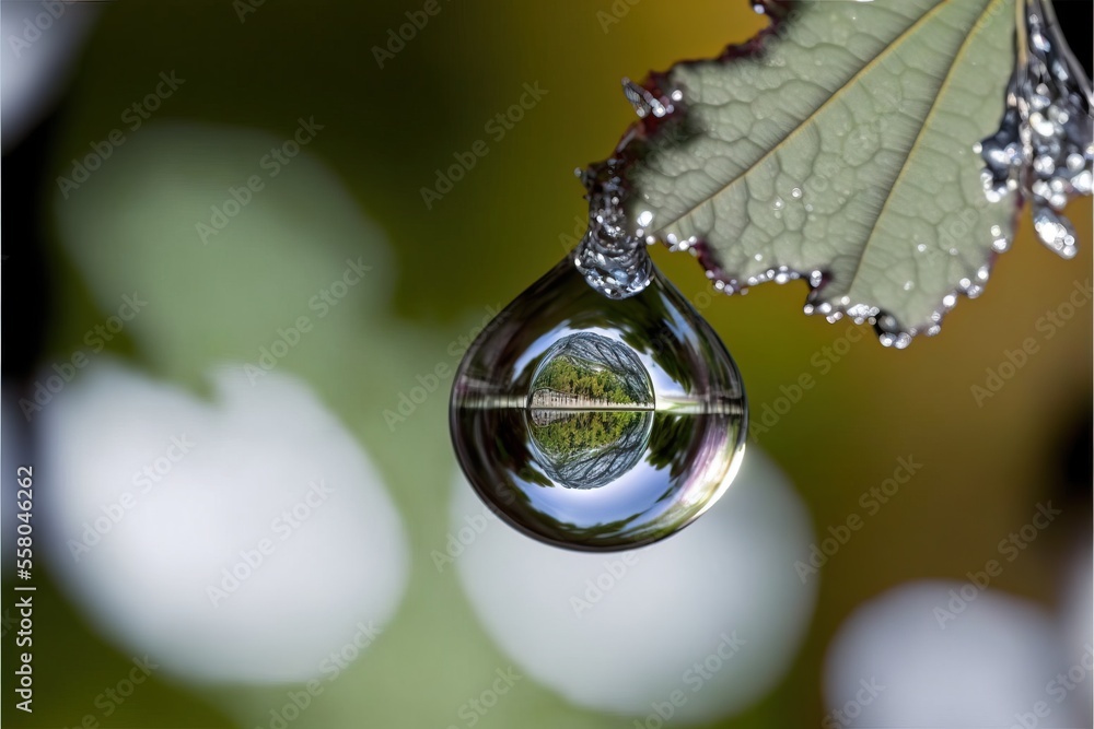 Poster a drop of water hanging from a leaf with a reflection of a tree in the drop of water on the side of 