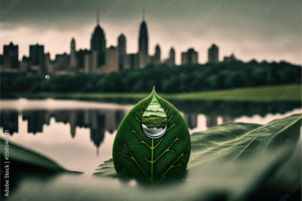 Poster a green leaf with a picture of a tree in the center of the leaf is in front of a large cityscape wit