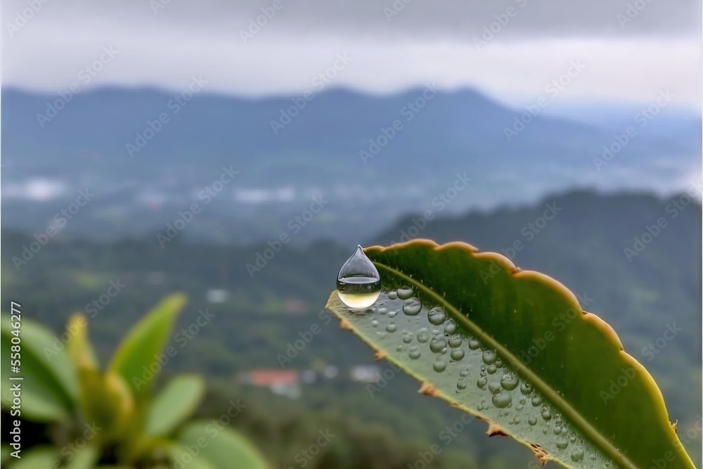 Poster a leaf with water drops on it in front of a mountain range with a city in the distance in the distan