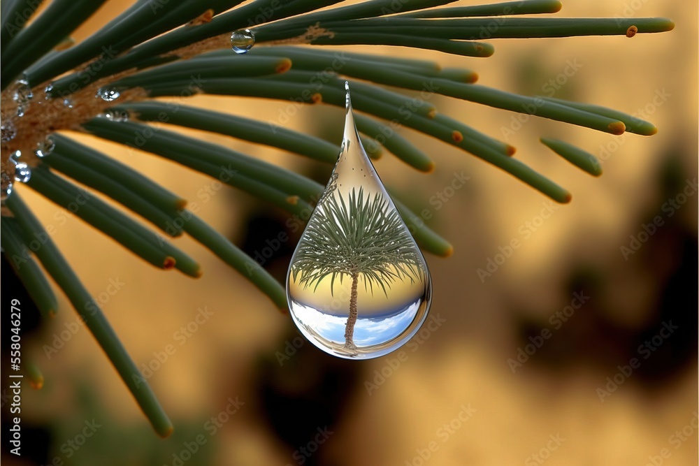 Poster  a drop of water hanging from a pine tree's branch with a reflection of a palm tree in the drop of water on the droplet of a pine tree's branch, with a golden background. Generative AI