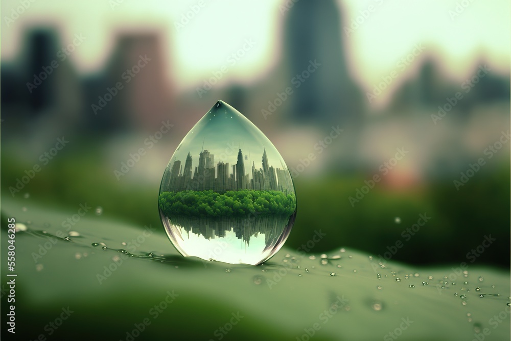 Poster a drop of water with a city in the background and a tree in the middle of the drop is a reflection o