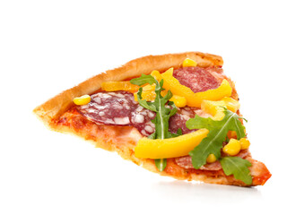 Slice of tasty pizza with sausage and bell pepper on white background