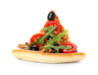 Slice of tasty pizza with olives, mushrooms and arugula on white background