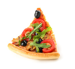 Slice of tasty pizza with olives, mushrooms and arugula on white background