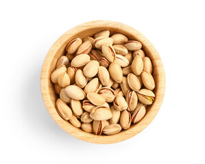 Bowl with tasty pistachio nuts isolated on white background