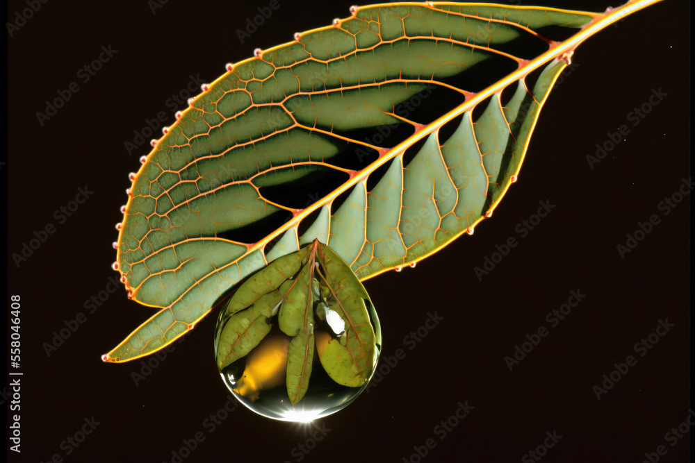 Poster a green leaf with a drop of water hanging from it's side, with a yellow object in the middle of the 
