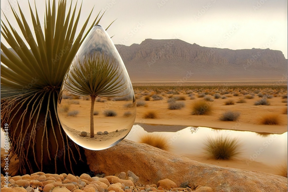 Poster a desert scene with a water drop and a plant in the middle of the desert with a mountain in the back