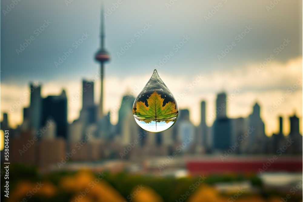 Poster a drop of water with a leaf in it and a city skyline in the background of the image in the foregroun