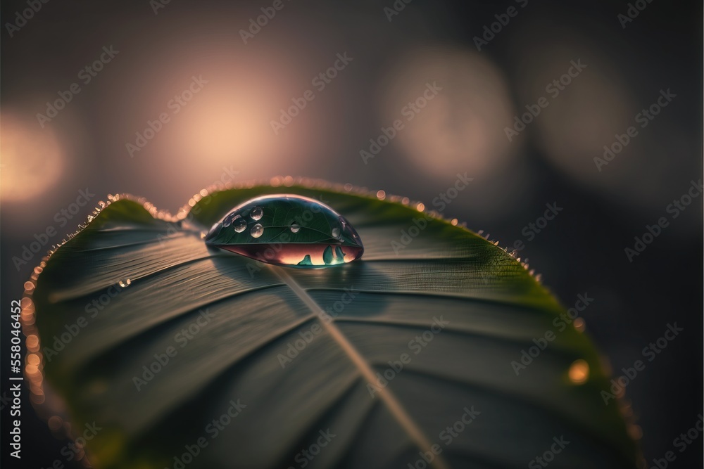 Poster a water drop sitting on top of a leaf on top of a green leaf covered in drops of water on a dark bac