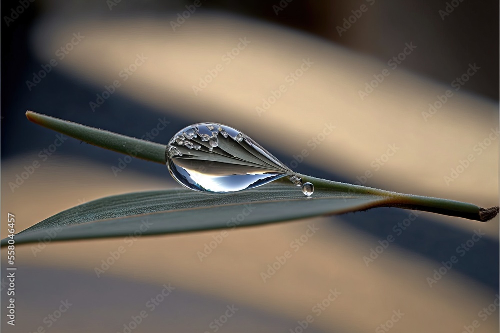 Poster a drop of water sitting on top of a green plant leaf with a blurry back ground in the background and