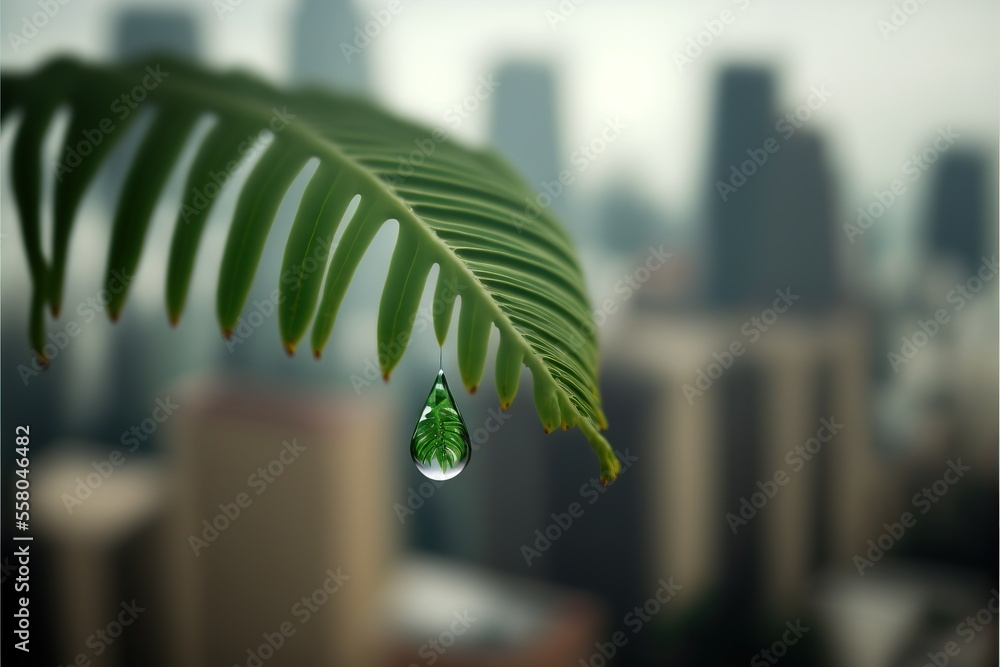 Poster a green leaf with a drop of water hanging from it's side in front of a cityscape with skyscrapers in