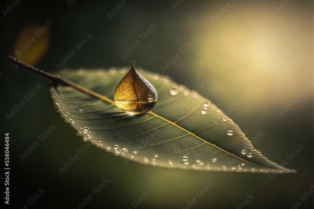 Poster a leaf with water droplets on it's leaf tip and a green background with a yellow light in the backgr