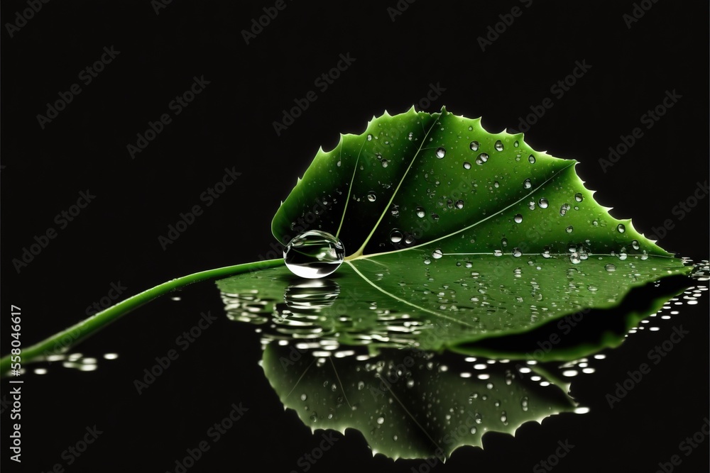 Poster a green leaf with drops of water on it's surface and a black background with a reflection of the lea