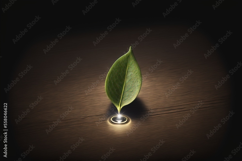 Aufkleber a green leaf with a light shining on it's end on a wooden surface with a dark background and a small