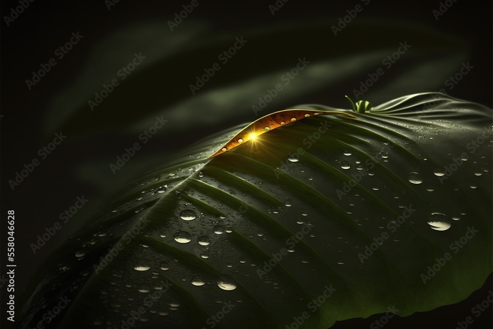 Poster a green leaf with water droplets on it's surface and a yellow light shining on it's back end of the 